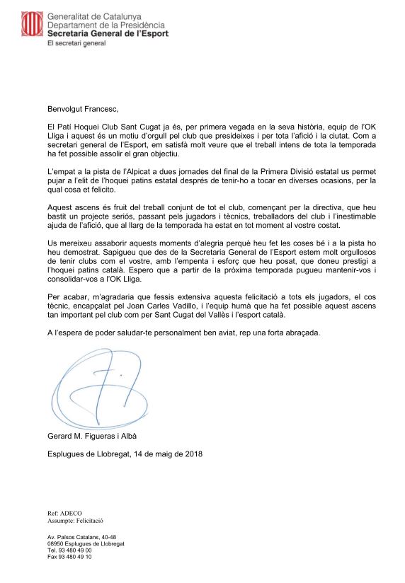 La carta de Gerard Figueras al PHC Sant Cugat: