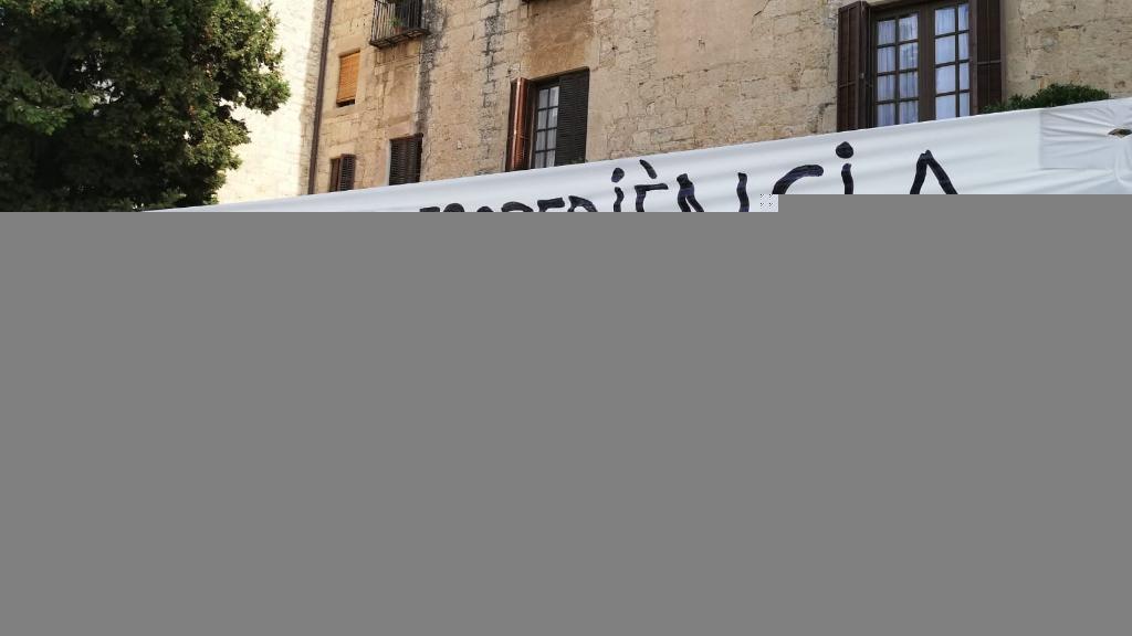 Alguns dels manifestants han penjat una pancarta reivindicativa a la muralla del monestir / Foto: Cugat Mèdia