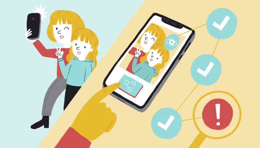 Il·lustració sobre l'ús del mòbil supervisat per adults amb infants